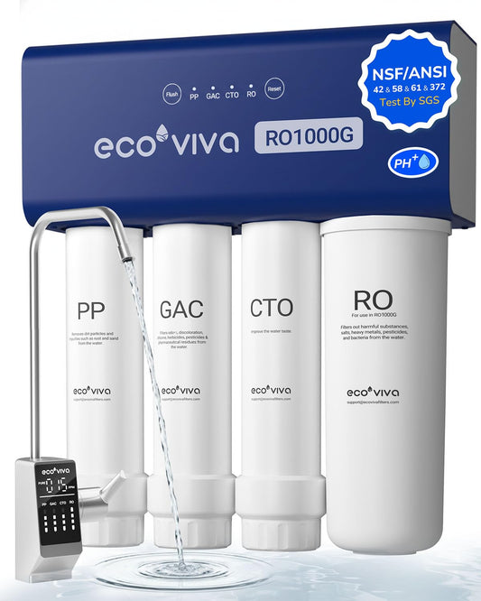 Ecoviva Under-Sink Reverse Osmosis Drinking Water Filter with Alkaline Water, 1000G Direct Flow, Tankless RO Water Filter System, 3:1 Water Saving, LED TDS Display, For Kitchen, Family & Office - RO1000G