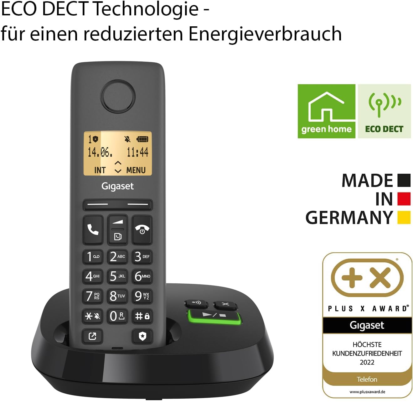 Gigaset Pure 120A - Cordless DECT telephone with answering machine - ECO DECT - call protection - illuminated display - hearing aid compatible, anthracite black [Compatible in DE, IT, FR, NL, BE, Che, AUT] - S30852-H3125-R143