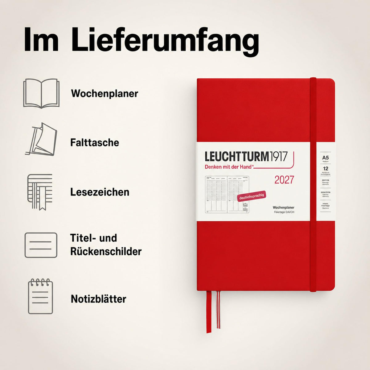 LEUCHTTURM1917 Weekly Planner 2027 Medium (A5) - German, Cherry, 210 x 145 mm, January-December (12 months), weekly overview with hourly grid 7:00-22:00 per column, hardcover, 80 g/m² paper - 400147