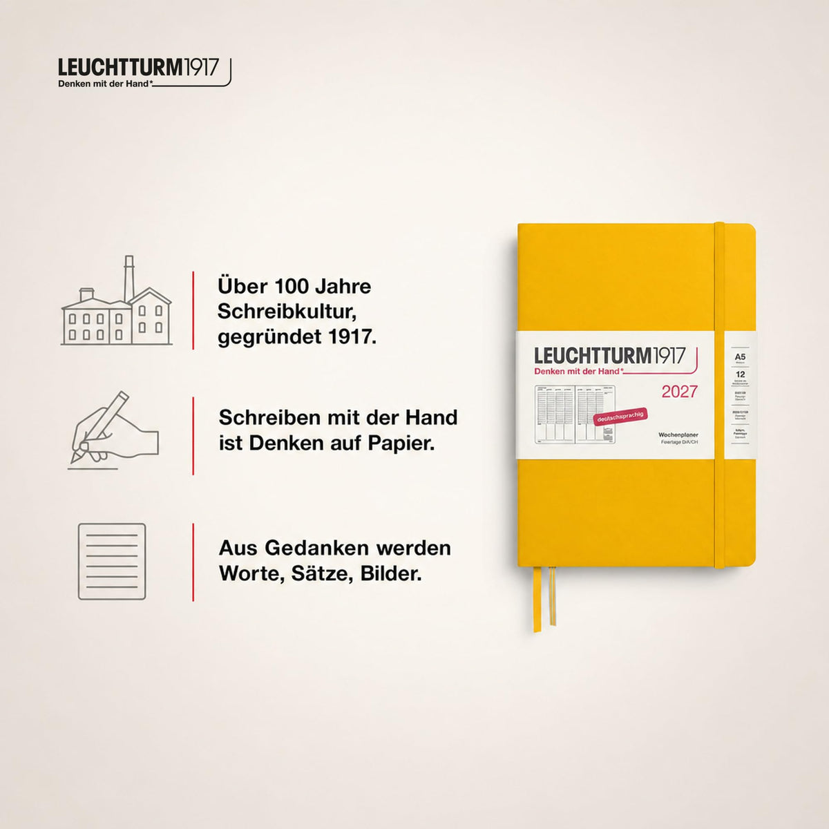 LEUCHTTURM1917 Weekly Planner 2027 Medium (A5) - German, Sunflower, 210 x 145 mm, January-December (12 months), weekly overview with hourly grid 7:00-22:00 per column, hardcover, 80 g/m² paper - 400148