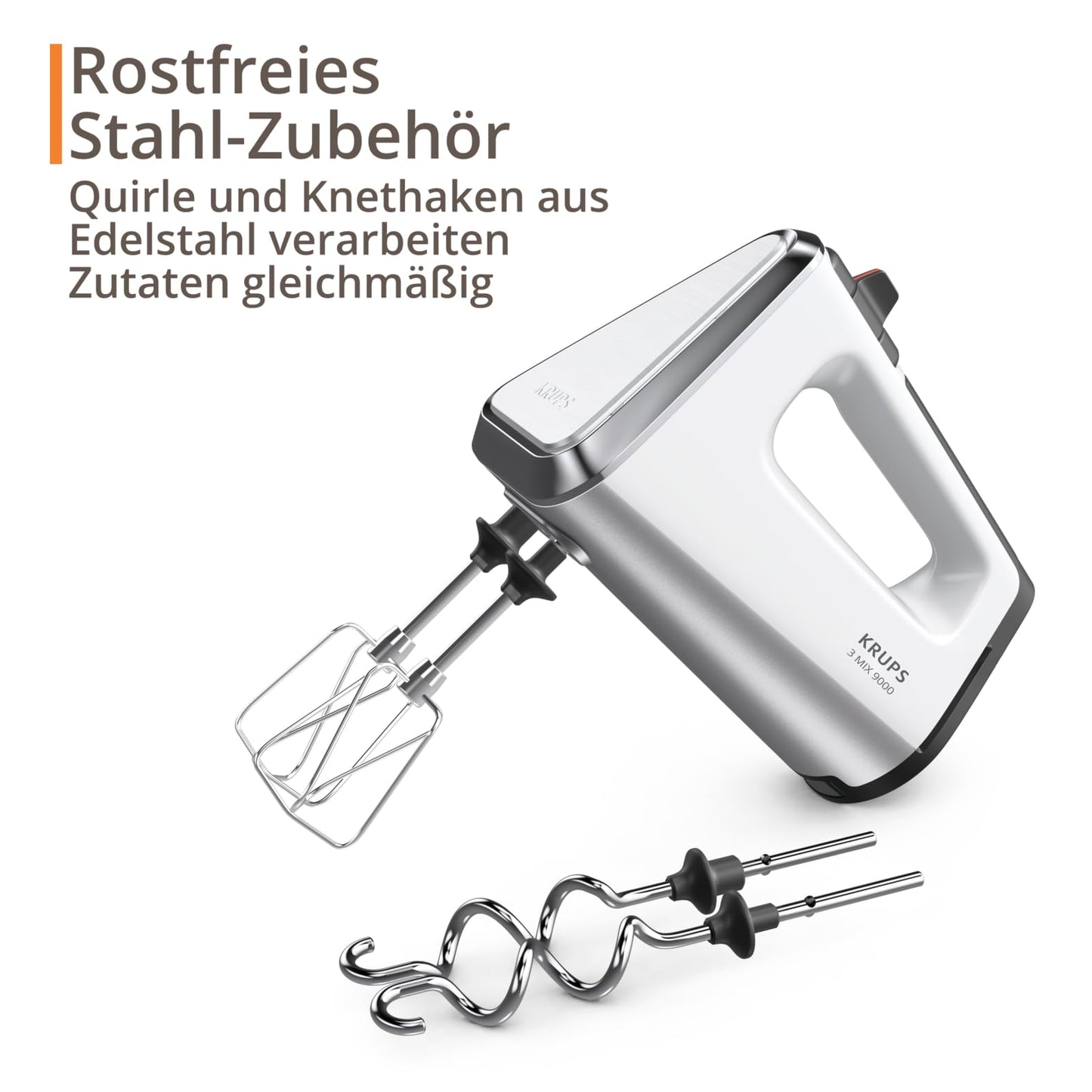 Krups 3Mix 9000 hand mixer, 750 watts, speed control, turbo mode, pulse function, mixer, ergonomic handle, long cable, hand mixer incl. whisk and dough hook, snow white, GN9101