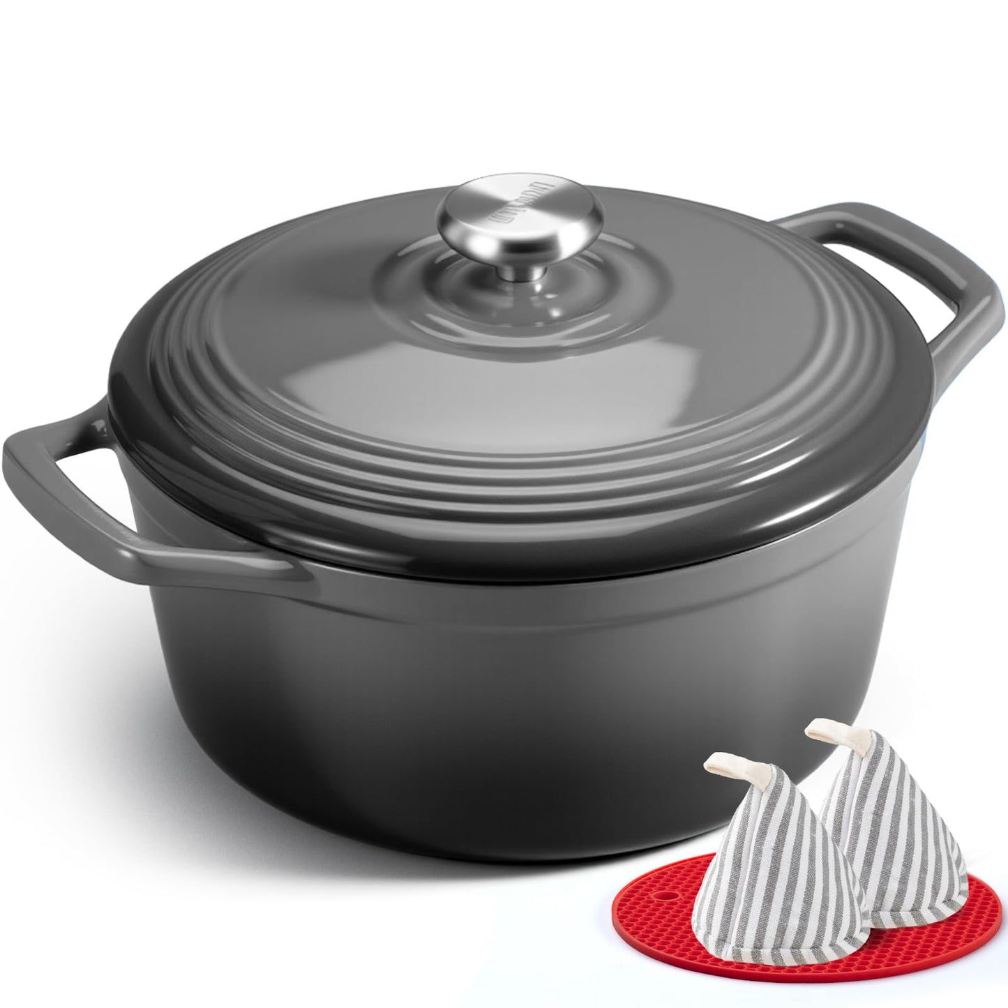 Overmont roasting pan enamel cast iron pot - casserole dish 26cm oven-safe - with lid and cookbook - for kitchen baking stewing roasting gray - Enamelled