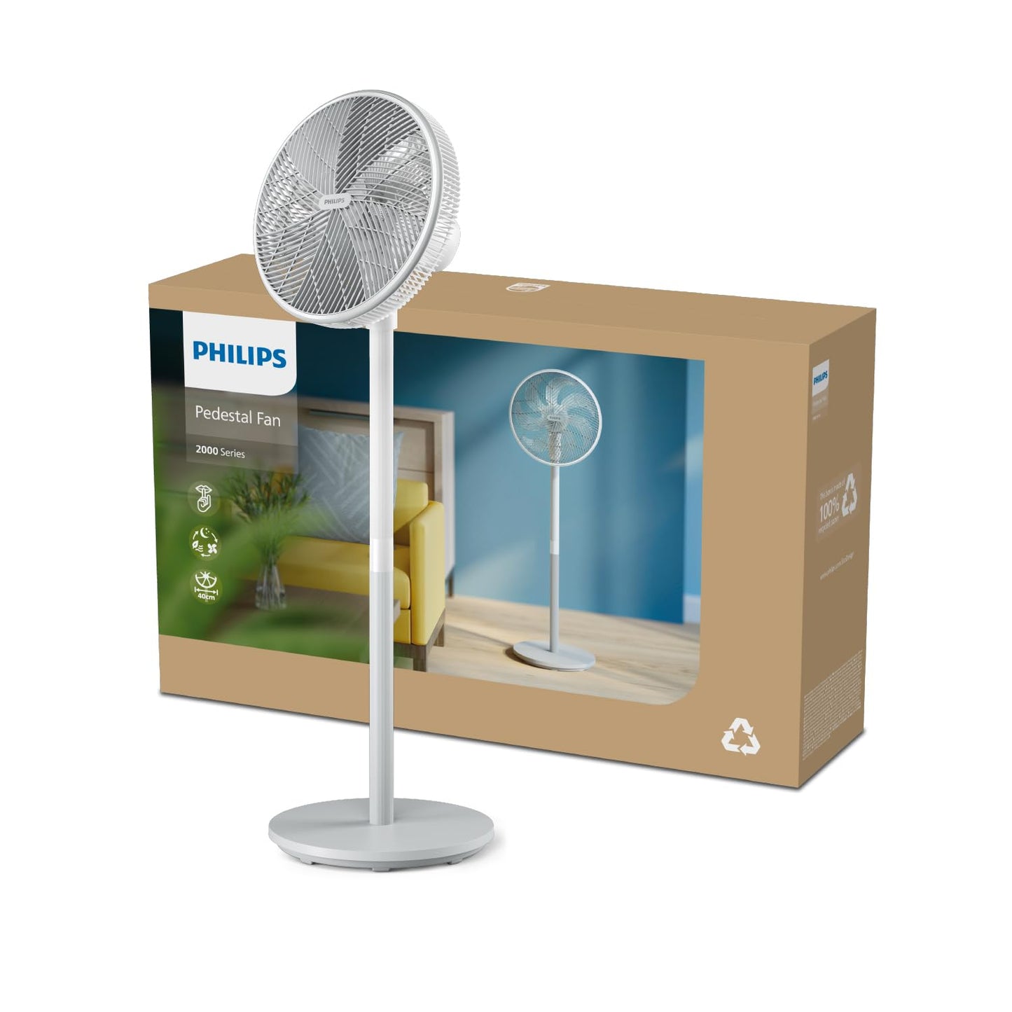 Philips fan series 2000. Strong & super quiet with SilentWings technology. 19dB. 2-in-1 table & pedestal fan. Tilt & oscillation adjustable. 12 hour timer. White (CX2550/00)