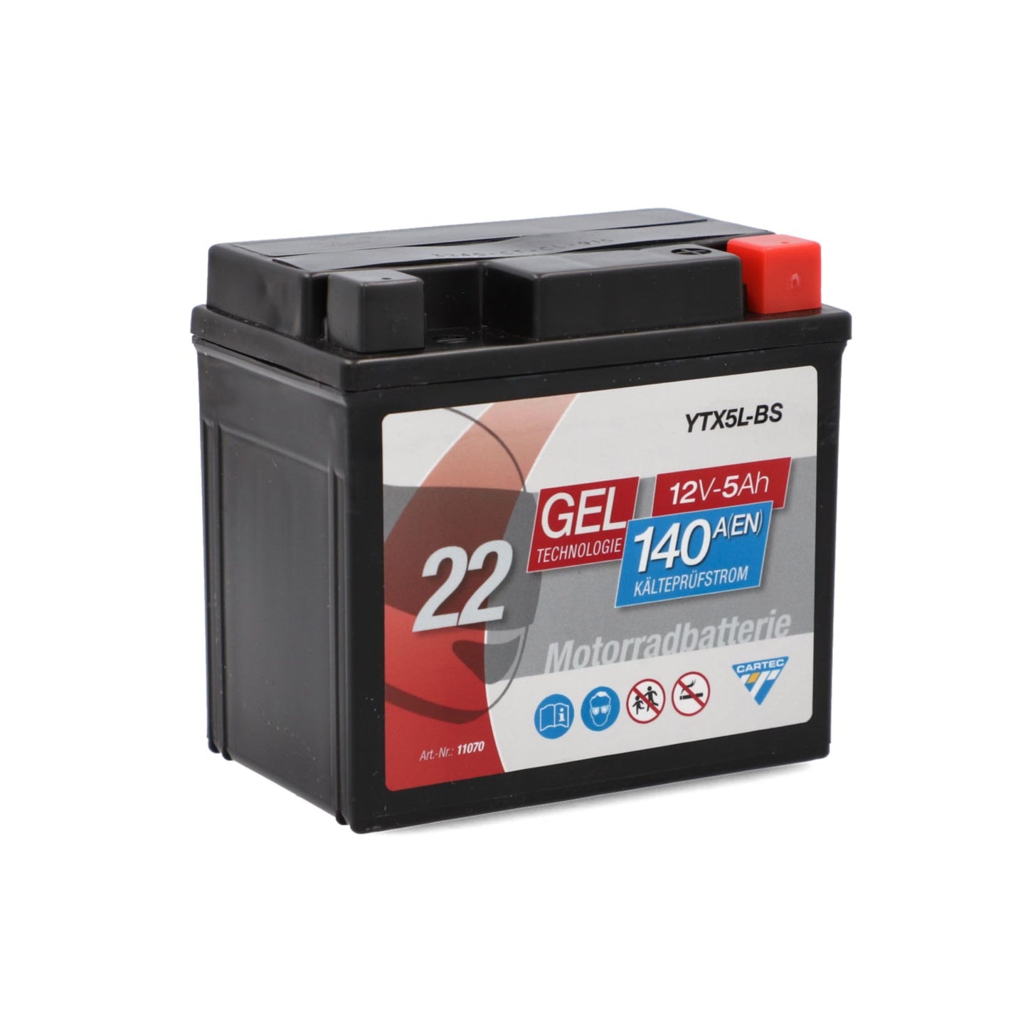 CARTEC motorcycle battery YTX5L-BS, 5Ah, 140A, gel technology motorcycle starter battery, original equipment manufacturer quality, cycle-proof, storable, maintenance-free, black - 11070