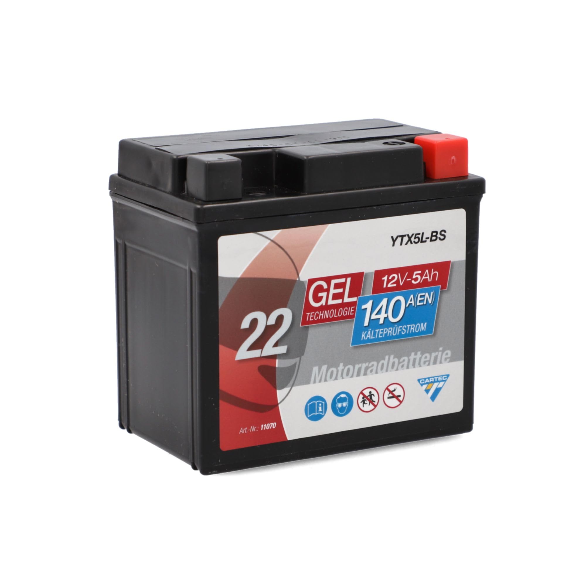 CARTEC motorcycle battery YTX5L-BS, 5Ah, 140A, gel technology motorcycle starter battery, original equipment manufacturer quality, cycle-proof, storable, maintenance-free, black - 11070