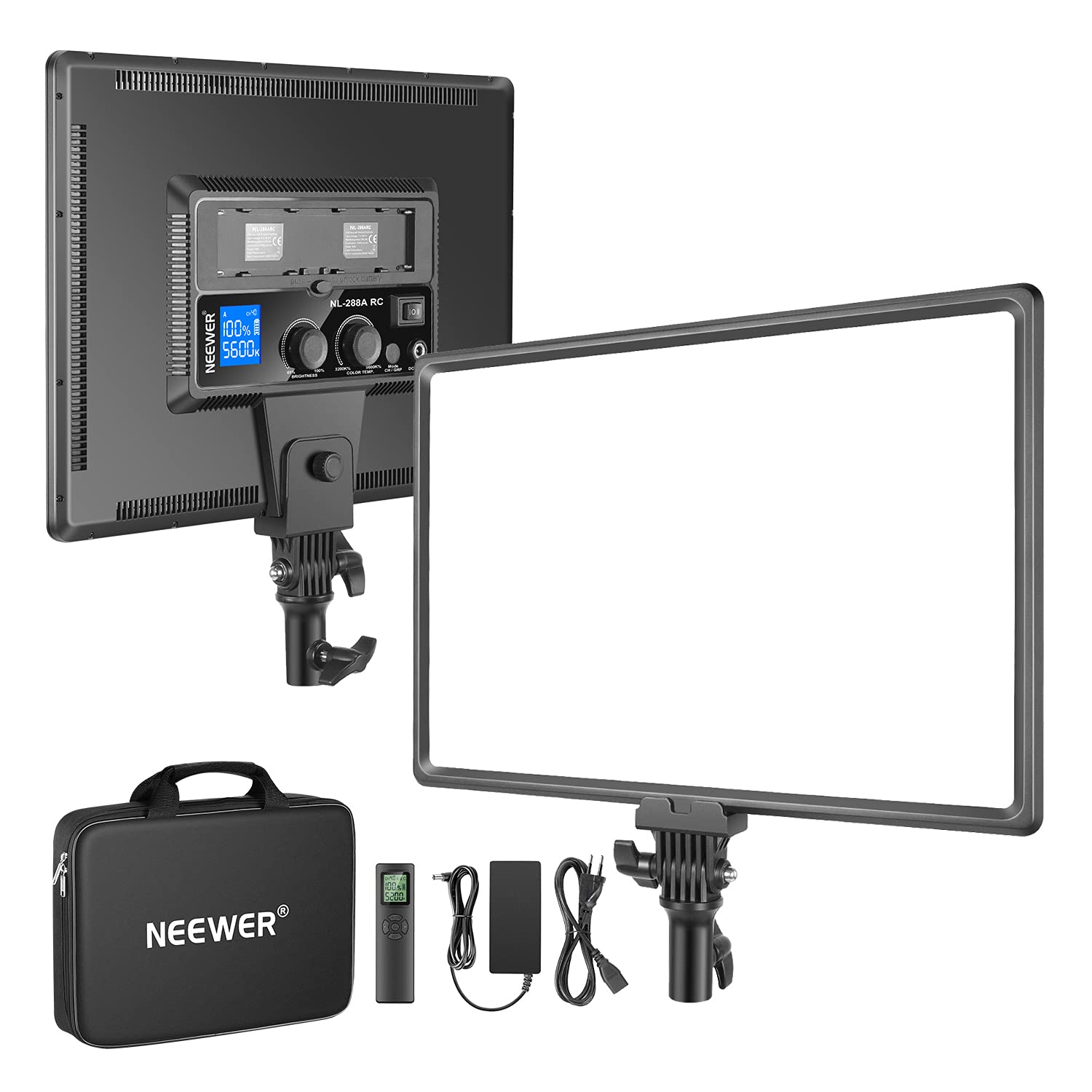 NEEWER NL288 LED video panel light with 2.4G remote control and adapter, 45W, 4800Lux, 3200K-5600K, CRI97+, dimmable two-color light panel for photo, YouTube, live stream (battery not included) - 10097709