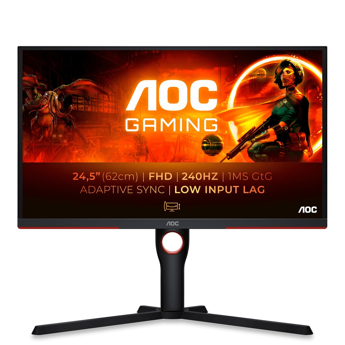 AOC 25G3ZM/BK Monitor de gaming FHD de 25 inch, 240Hz, panou Fast VA, 1ms GtG, FreeSync Premium, ajustare pe înălțime, (1920x1080 HDMI 2x 2.0 DP 1x 1.2) Negru/Roșu