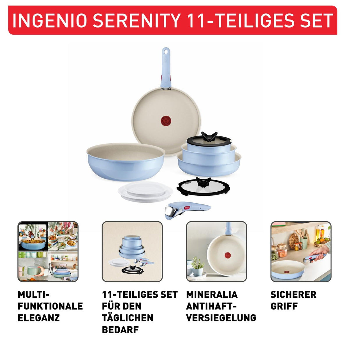 Set de vase Tefal Ingenio Serenity 11 piese – set stivuitor și economisitor de spațiu din aluminiu, cu înveliș antiaderent Mineralia, mânere detașabile, compatibil cu toate tipurile de plite, inclusiv inducție, Calm Blue - L827SB04