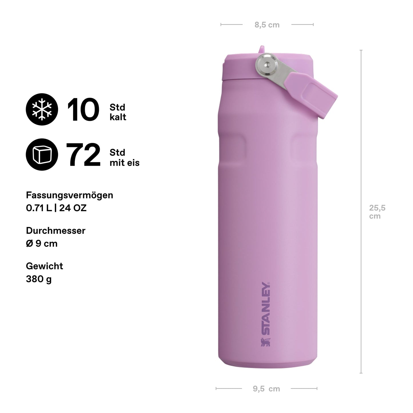 Stanley 1913 Flip Straw Drinking Bottle with Straw 0.7L - Thermal Mug Cools for 10 Hours - Ice Cold for 3 Days - BPA Free - Leakproof - For Drink Holders - Dishwasher Safe - Lilac - 100000143062