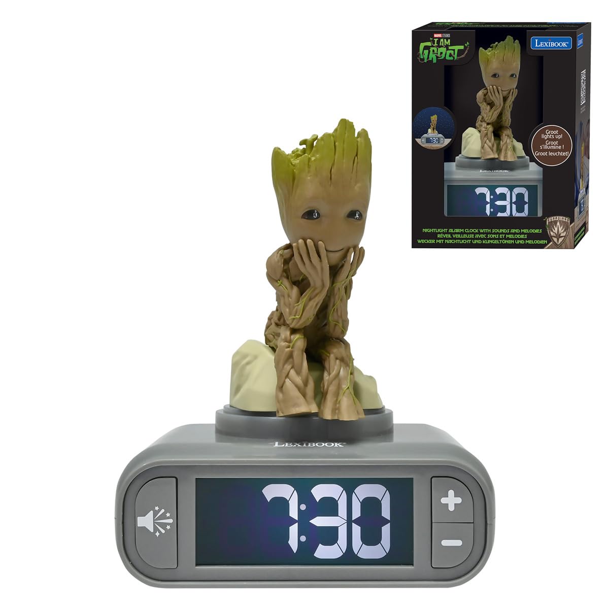 Lexibook, Marvel Guardians of the Galaxy, Groot Night Light Alarm Clock, Sounds and Melodies, Backlit LCD Screen, Illuminated, Snooze, Grey/Brown, RL800GG