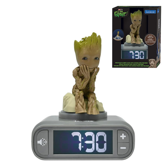 Lexibook, Marvel Guardians of the Galaxy, Groot Night Light Alarm Clock, Sounds and Melodies, Backlit LCD Screen, Illuminated, Snooze, Grey/Brown, RL800GG