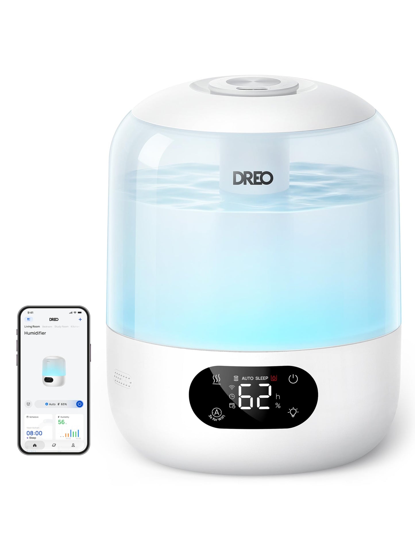 DREO humidifier bedroom, ultrasonic cold mist with WiFi/app control, humidity sensor, RGB ambient light, 3L water tank, easy cleaning, up to 30 hours running time - DR-HHM006S
