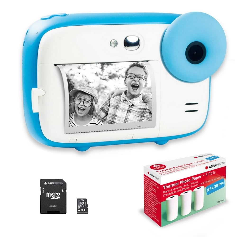 AGFA Photo Realikids Instant Cam + 1 Micro-SD Card 32 GB + 3 Rolls of Thermal Paper ATP3WH – Instant camera for kids, 2.4-inch LCD display, selfie mirror, and photo filters – Blue