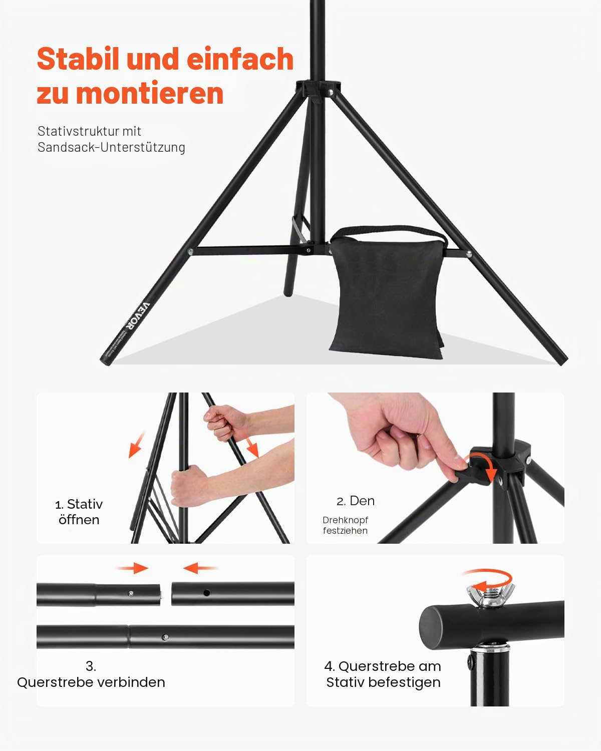 VEVOR Background Stand Adjustable Photo Background Stand (Background Cloth: 300 x 300 cm), Portable Background Stand with 2 Tripods, Screen Stand for Product Photography Studio Photography - BJJ-1010