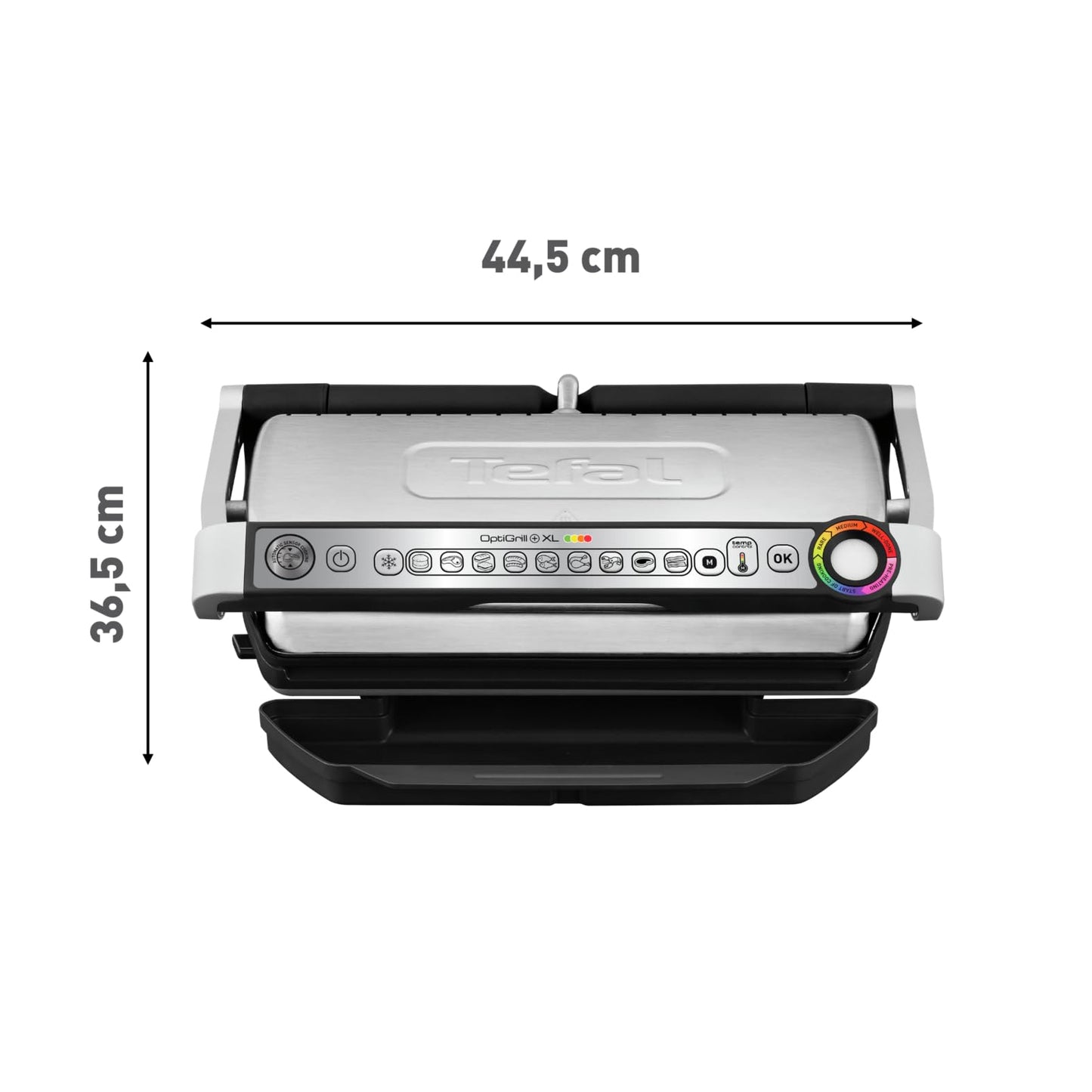 Tefal OptiGrill+ XL contact grill, 9 programs, manual mode, 200 W, cooking level display, thickness measurement, removable XL plates, electric grill, stainless steel, GC722D16