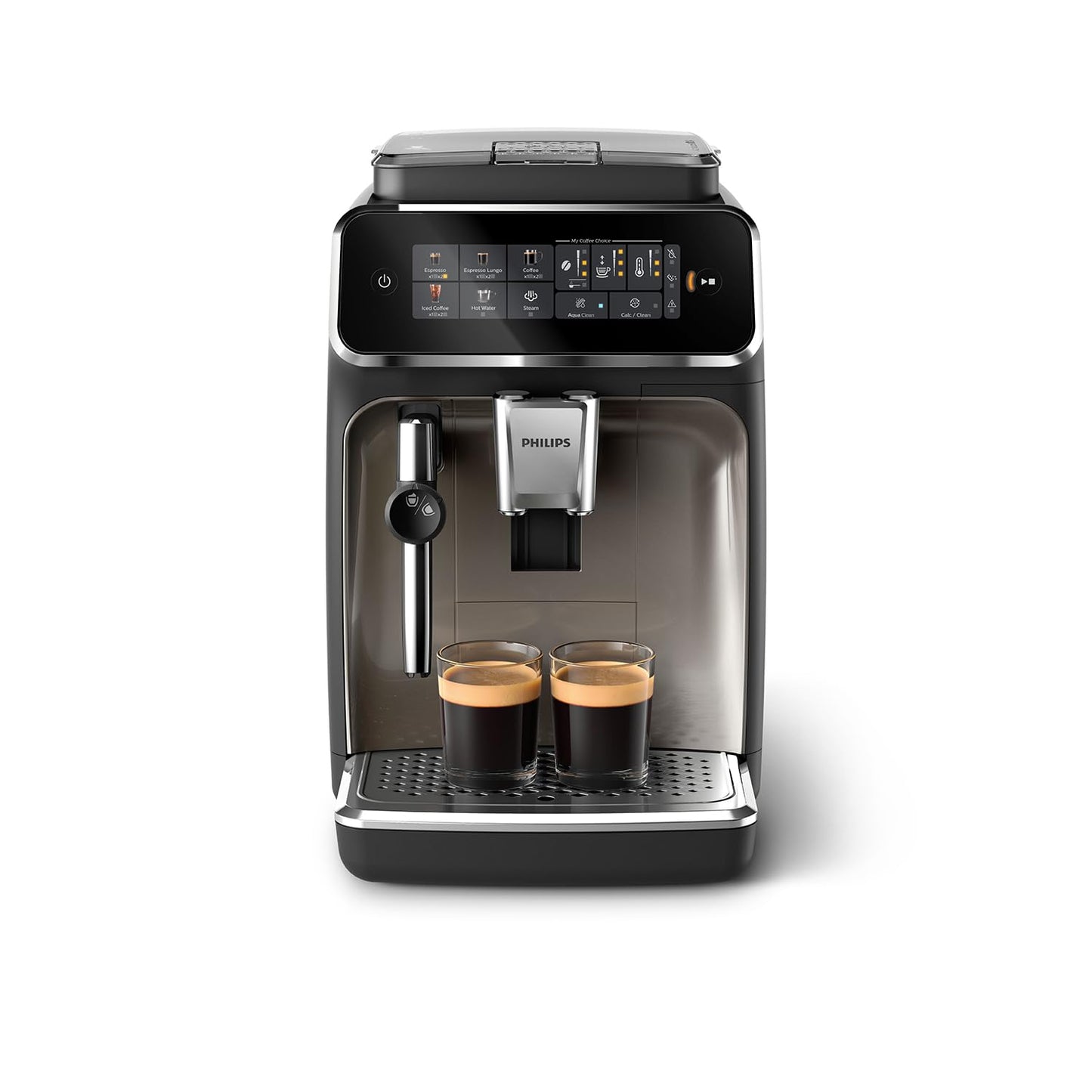 PHILIPS 3300 Series fully automatic coffee machine - 5 drinks, intuitive touch display, classic milk frother, SilentBrew, 100% ceramic grinder, AquaClean filter. Black chrome (EP3326/90)