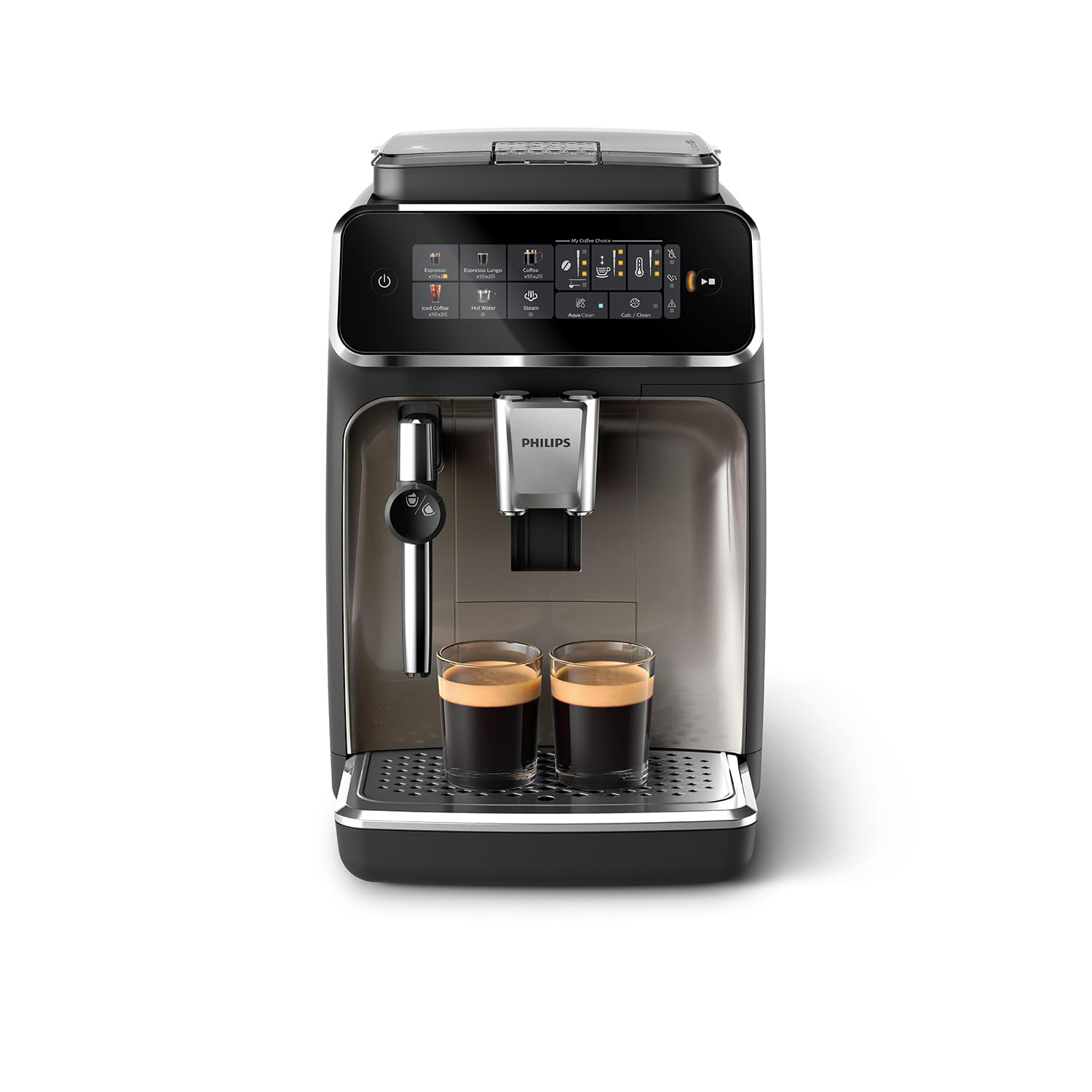PHILIPS 3300 Series fully automatic coffee machine - 5 drinks, intuitive touch display, classic milk frother, SilentBrew, 100% ceramic grinder, AquaClean filter. Black chrome (EP3326/90)