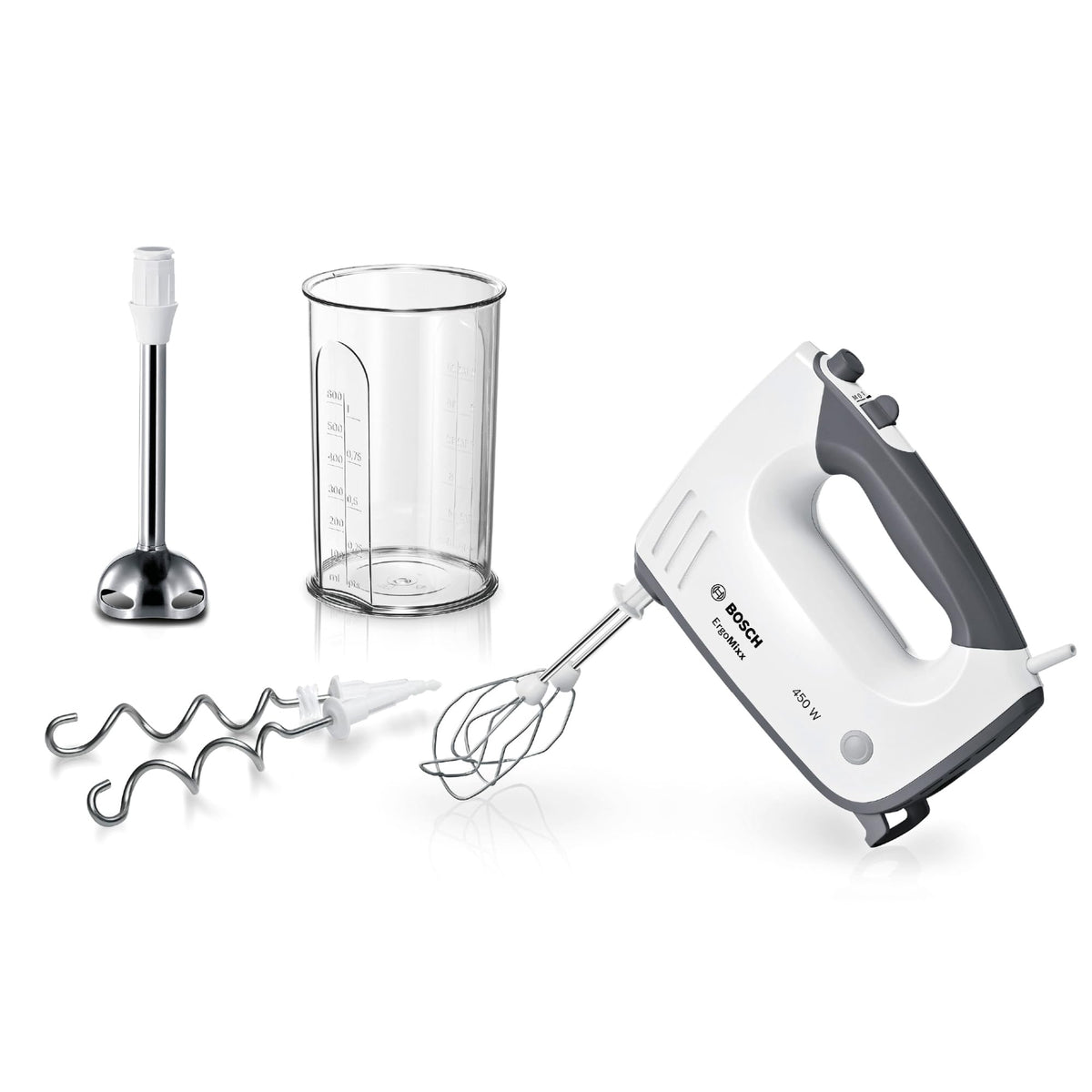 Dispozitiv de mixare Bosch, cu blender, pahar de mixare, mixer din oțel inoxidabil, cârlige pentru frământat, lavabil în mașina de spălat vase, 5 trepte plus buton turbo, alb/gri, 750 W, ErgoMixx MFQ37470