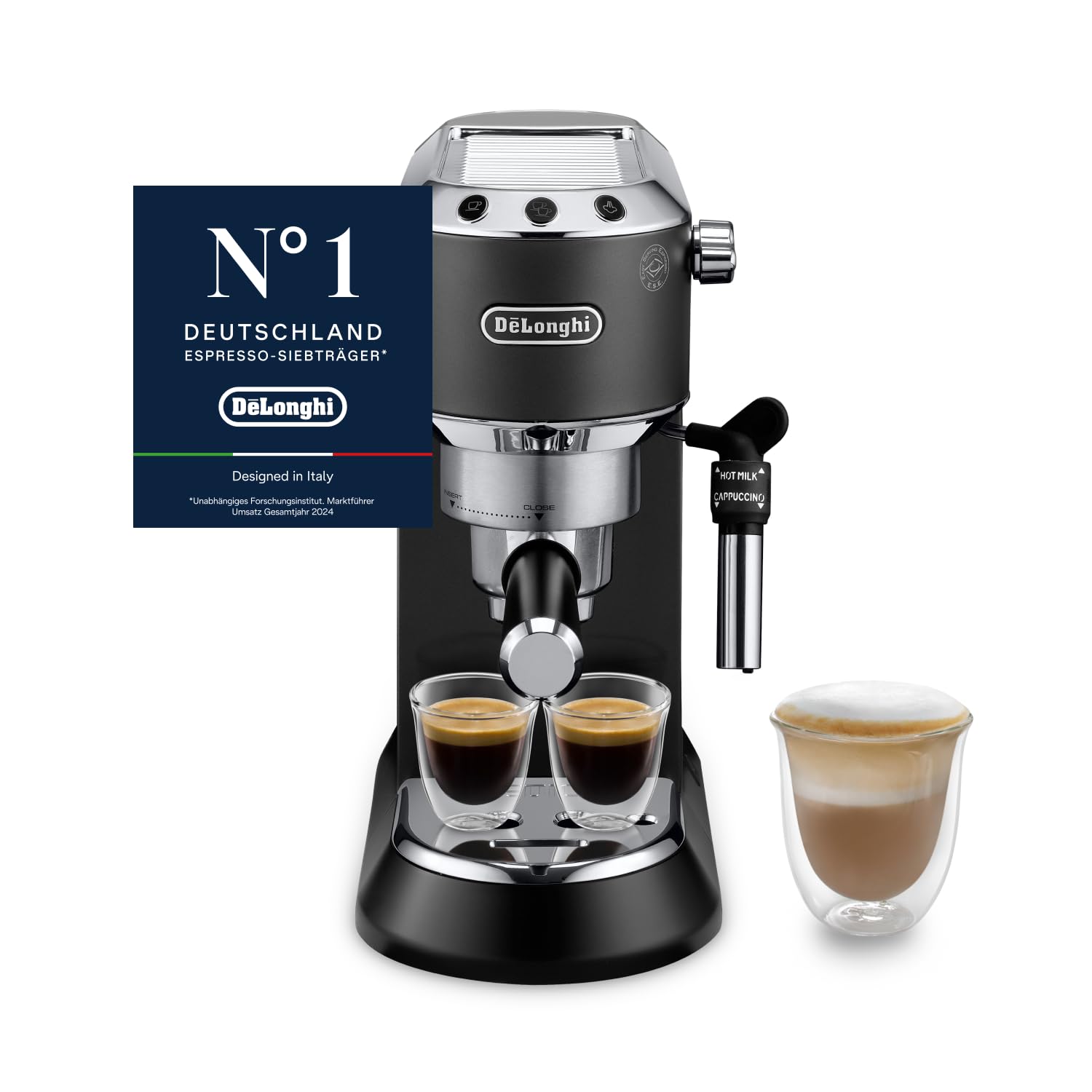 De'Longhi Dedica Style - Aparat de cafea espresso compact cu portafiltru, cu butoane, spumant manual de lapte pentru espresso și cappuccino, compatibil cu paduri ESE, latime de 15cm, negru (EC685.BK) - 0132106170