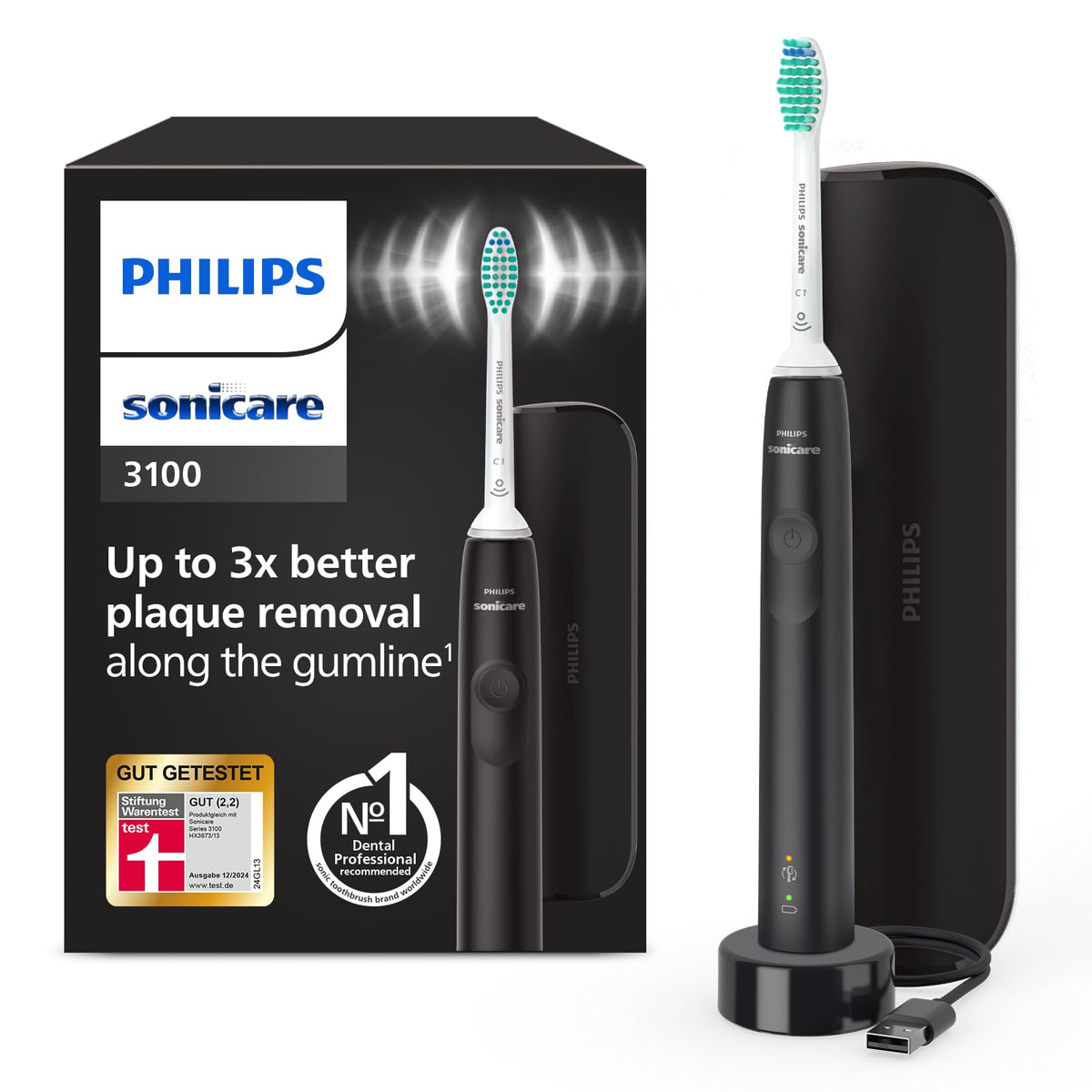 Philips Sonicare 3100 Electric Toothbrush, Sonic Toothbrush, Pressure Control and Timer, Travel Case, Black, HX3673/14