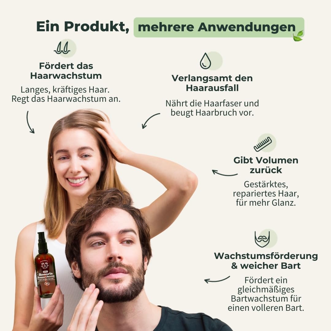 BIONOBLE Rosemary Oil Hair Organic - Promotes Hair Growth, Slows Hair Loss, Scalp Oil - Hair Oil with Rosemary Oil and Castor Oil - Rosemary Oil for Hair Growth - Glass Bottle with Pump - 200ml - France
