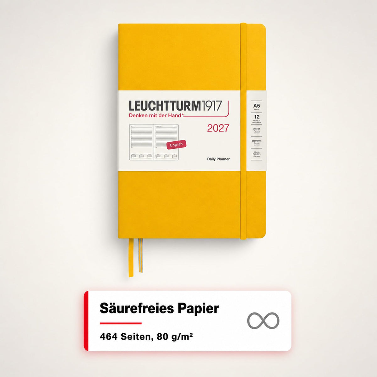LEUCHTTURM1917 Daily Calendar 2027 Medium (A5) - English, Sunflower, 145 x 210 mm, January-December (12 months), 1 page per day, hourly grid 7:00-22:00, hardcover, 80 g/m² paper - 400327