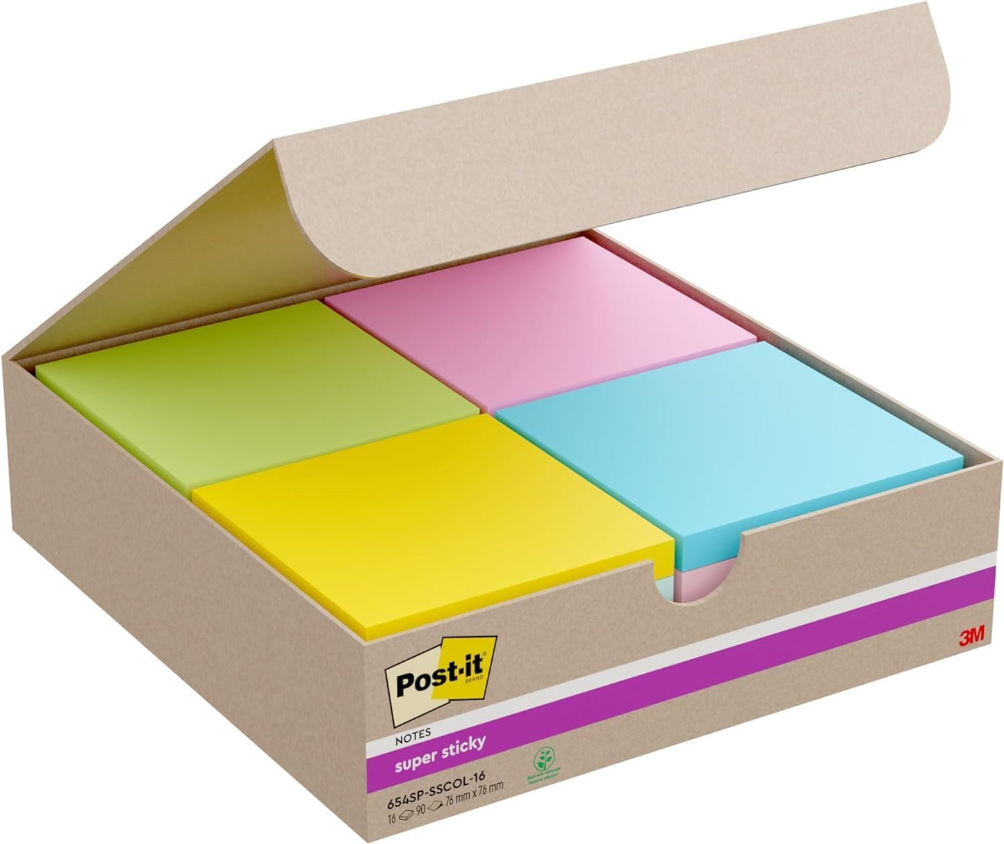 Post-it Super Sticky Notes, 16 pads (1440 sheets), 76mm x 76mm - 654SP-SSCOL-16