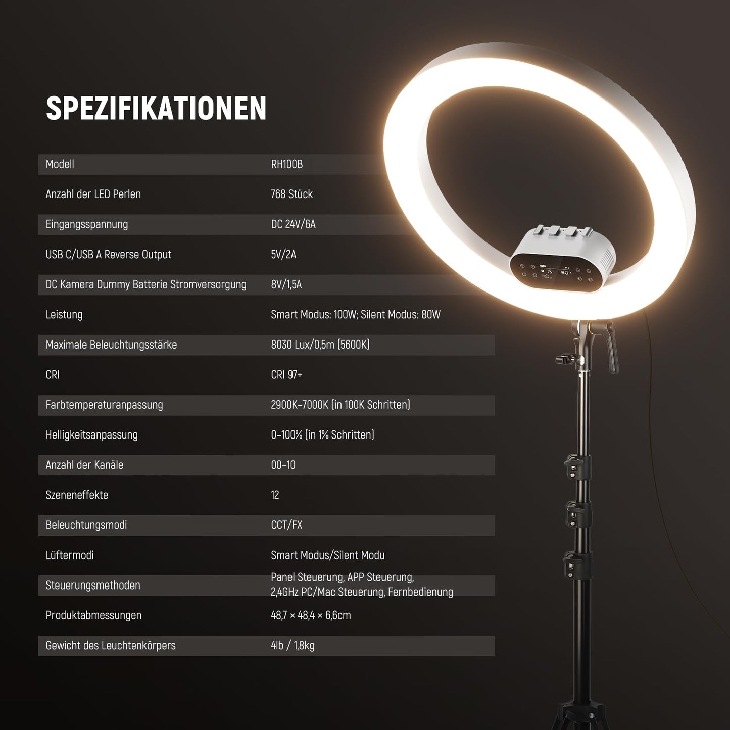 NEEWER 19" 100W High Power LED Ring Light with Tripod Stand & 3 Phone Holders Compatible with iPhone, 2900-7000K CRI97+ App & 2.4G Control Lighting for Selfie Video Makeup Streaming, RH100B - 10106380