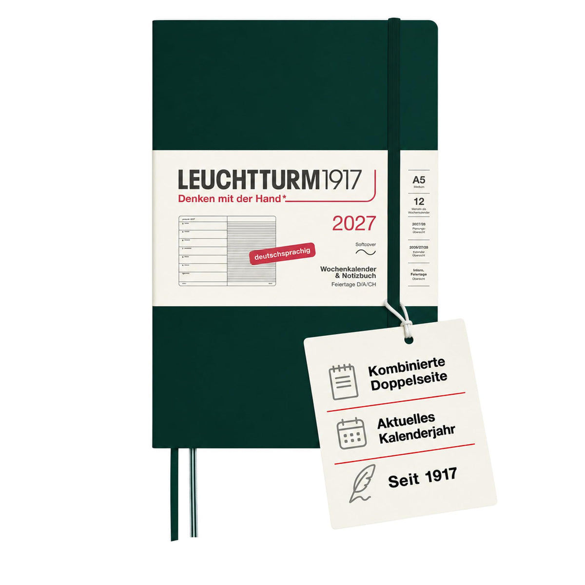 LEUCHTTURM1917 Weekly Calendar 2027 Medium (A5) with Notebook - German Appointment Planner, Forest Green, Softcover, January-December 2027, Weekly Overview on the Left + Notes Page on the Right - 400073