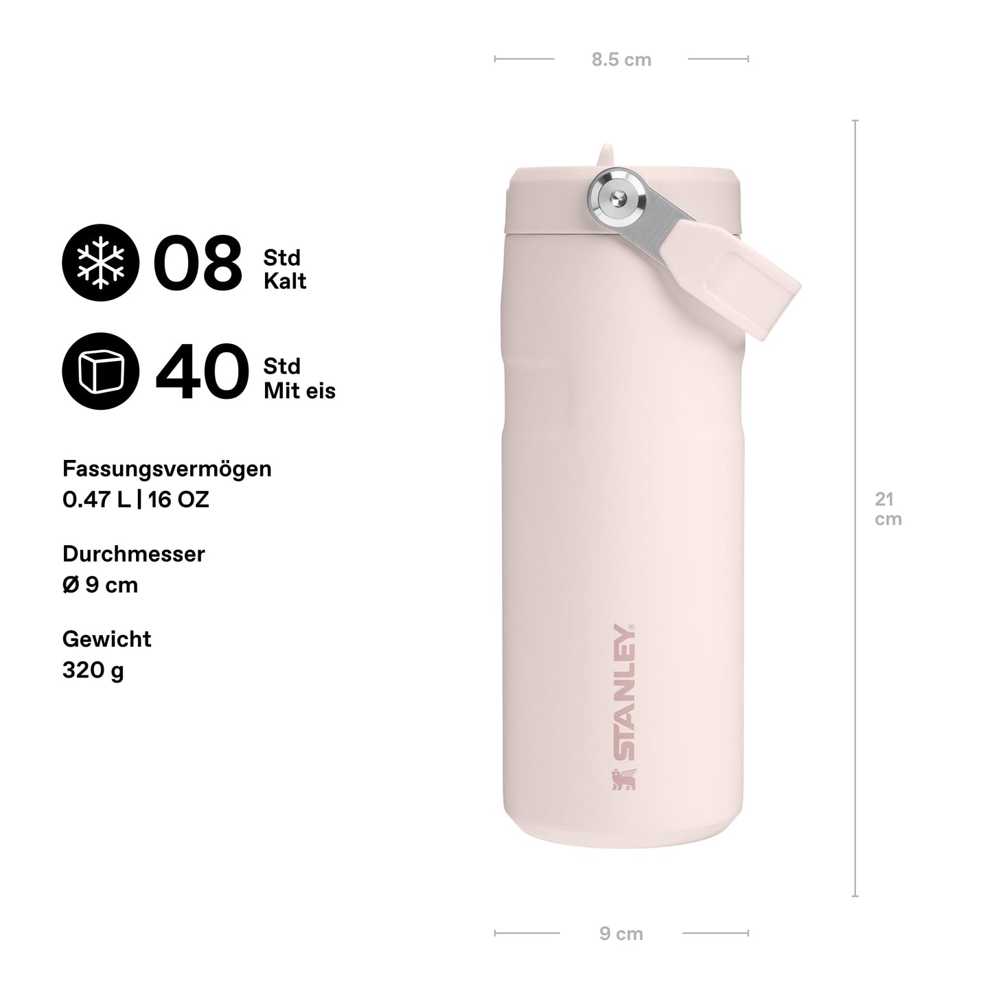 Stanley 1913 Flip Straw drinking bottle with straw 0.47L - Thermo mug Cools for 8 hours - Ice cold for 40 hours - BPA free - Leak-proof - For cup holders - Dishwasher safe - Rose Quartz - 100000112698