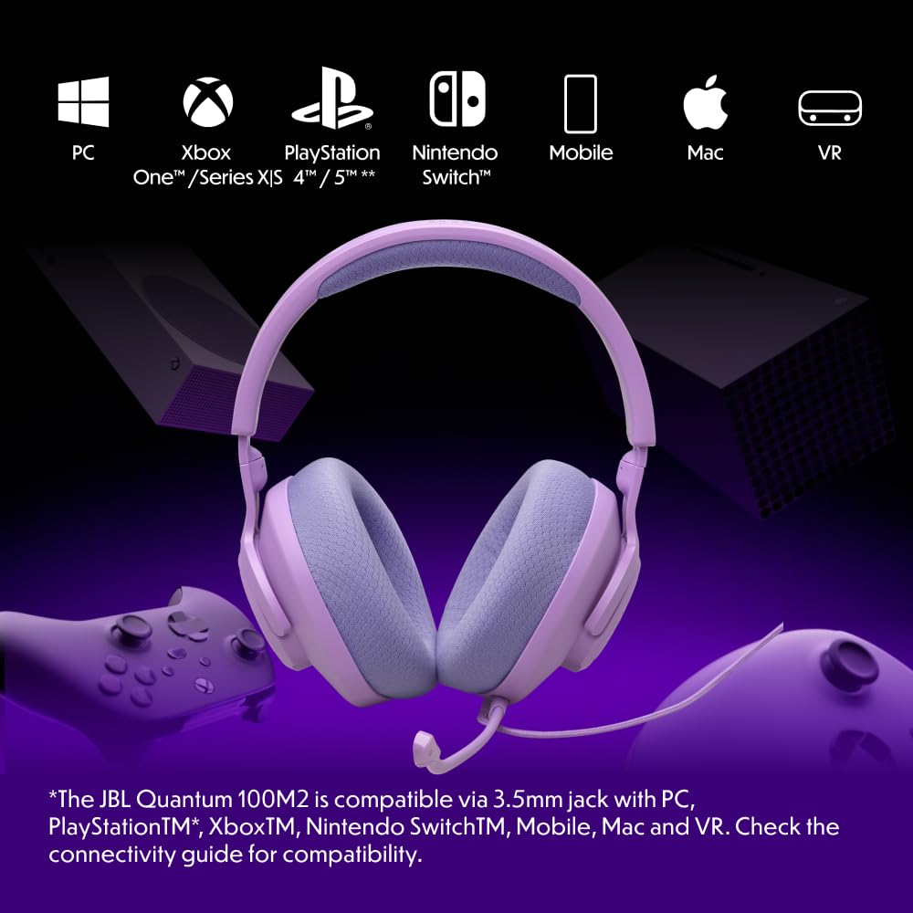 JBL Quantum 100M2 Wired Over-Ear Gaming Headset with JBL QuantumSOUND Signature, 3.5mm Jack, Multi-Platform Compatibility and Detachable Microphone with Mute Option, Purple - JBLQTUM100M2PUR