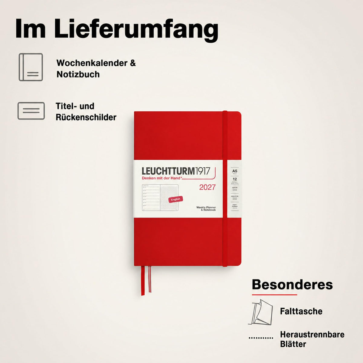 LEUCHTTURM1917 calendar săptămânal 2027 punctat mediu (A5) cu caiet, punctat - planificator de întâlniri engleză, cireș, cartonat, 145 x 210 mm, ianuarie-decembrie 2027, prezentare săptămânală în stânga + pagina de note în dreapta - 400259