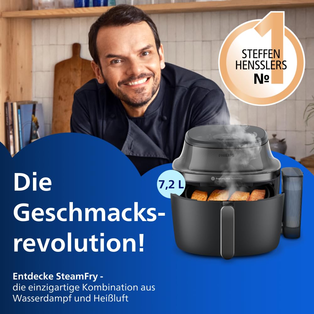 Philips Steam Airfryer 5000 Series hot air fryer with steam function, Steam, Airfry, SteamFry, 7.2 L, viewing window, PFAS-free ceramic coating, automatic steam cleaning (NA540/00)