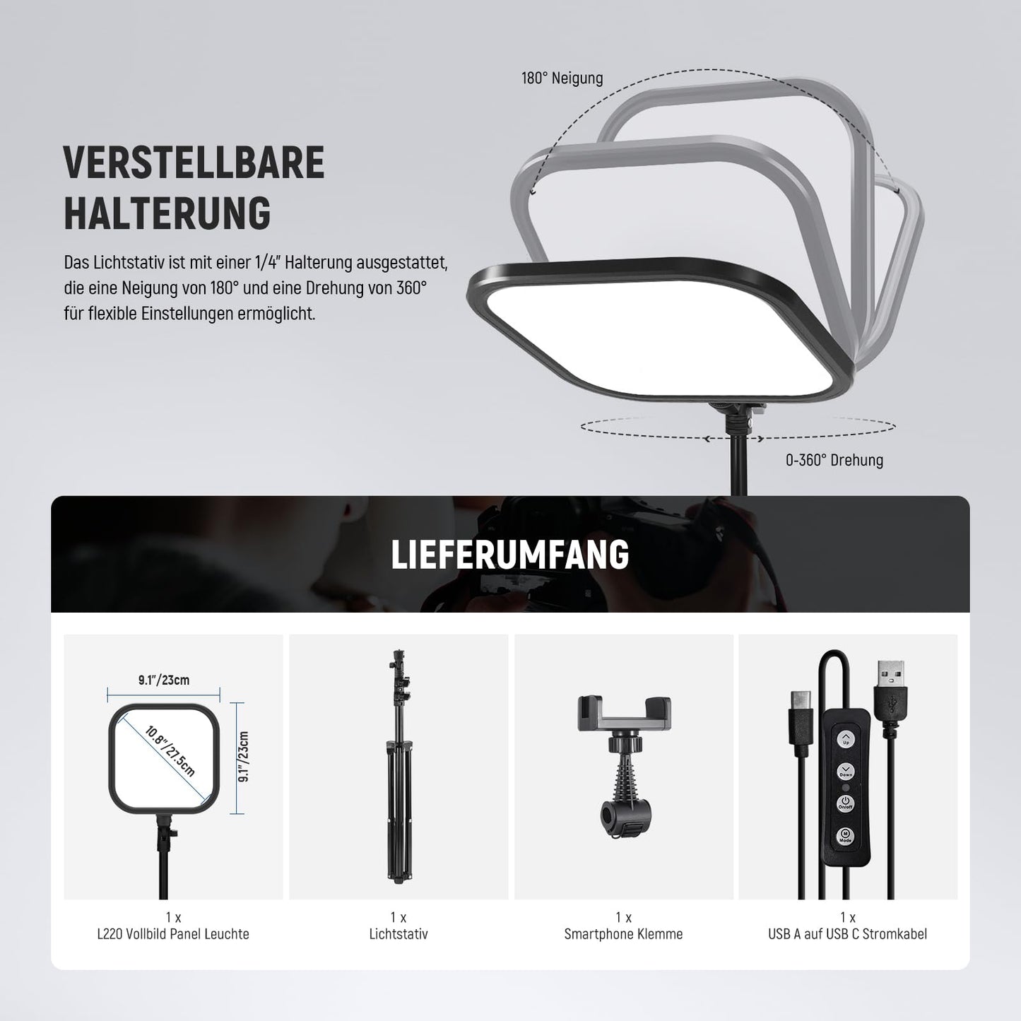 NEEWER 15W 10.8" LED video light panel light set with 63" tripod/mobile phone holder, Edge Lit two-tone dimmable full screen video light 816Lux CRI95+ for photography film recordings and streaming, L220