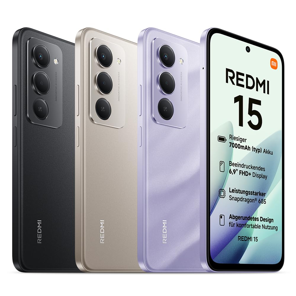 XIAOMI Redmi 15, smartphone 6+128GB, mobile phone with Android, 6.9" FHD+ 144Hz DotDisplay, Snapdragon 685, 50MP AI dual camera, 7000mAh battery, Midnight Black - MZB0MFXEU