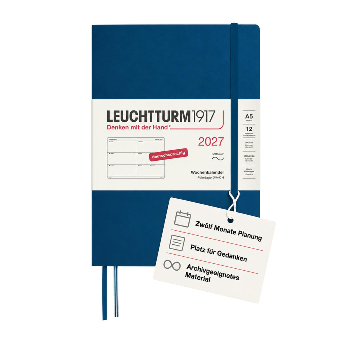 LEUCHTTURM1917 Calendar săptămânal 2027 Mediu (A5) - Germană, Indigo, Copertă moale, 145 x 210 mm, 12 luni - ianuarie-decembrie 2027, 1 săptămână pe pagină dublă, hârtie de 80 g/m² cu compatibilitate ridicată cu cerneală - 400132