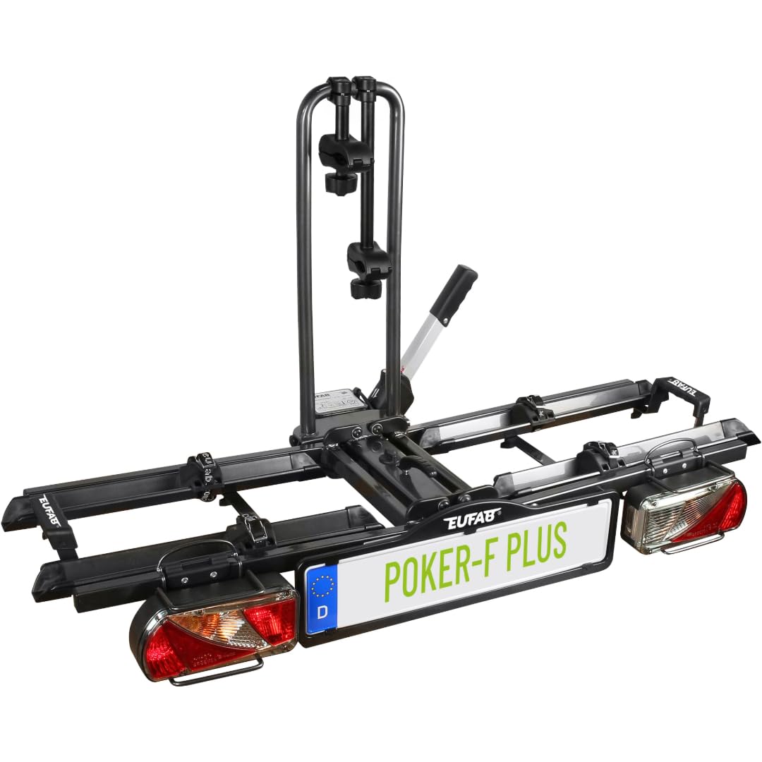 EUFAB 12012LASON bicycle carrier Poker-F Plus, EXCLUSIVE ON Amazon with lockable frame holders, suitable for e-bikes, completely pre-assembled, for 2 bicycles, for trailer hitch, black