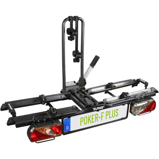 EUFAB 12012LASON bicycle carrier Poker-F Plus, EXCLUSIVE ON Amazon with lockable frame holders, suitable for e-bikes, completely pre-assembled, for 2 bicycles, for trailer hitch, black
