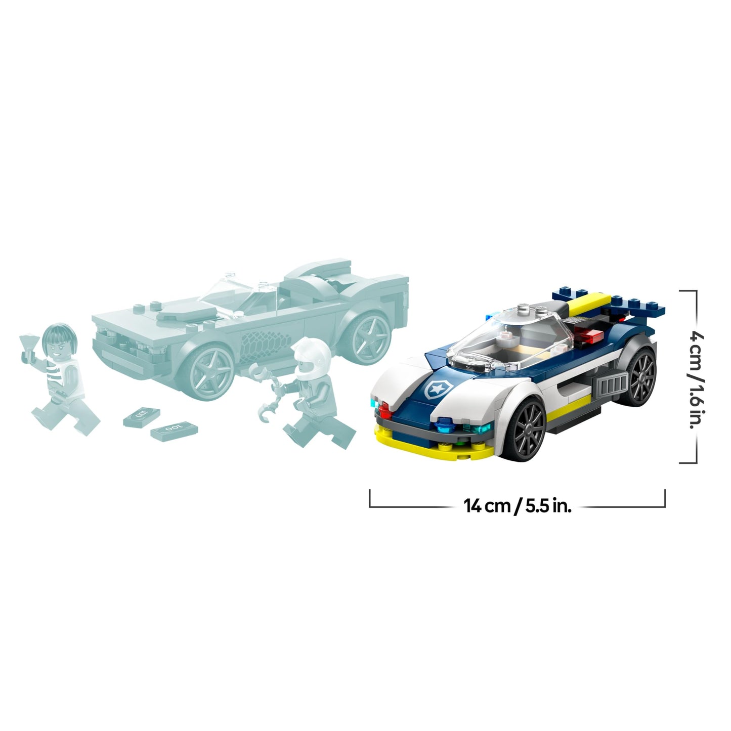 LEGO City chase with police car and muscle car, car toy train with 2 racing cars, police gift for children, boys and girls aged 6 and over, set with policeman and crook minifigures 60415