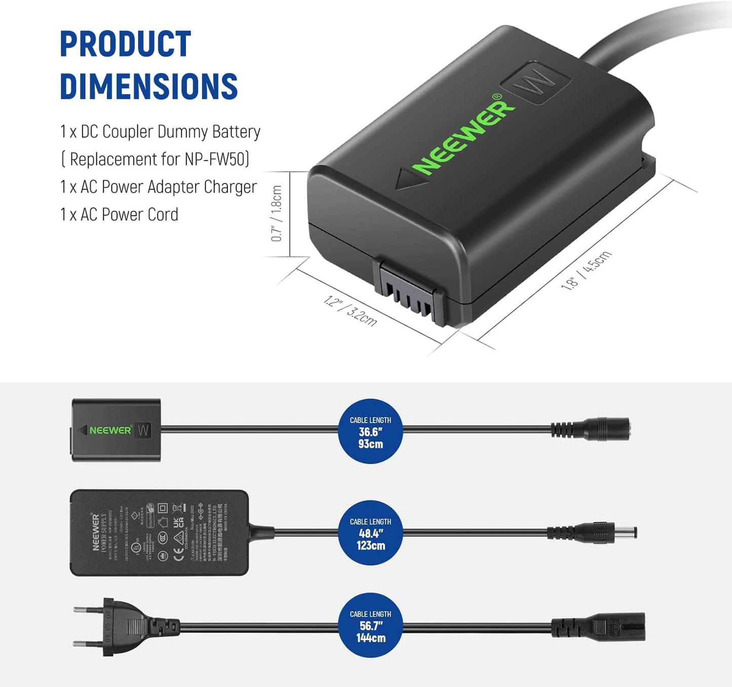 NEEWER AC PW20 AC power supply & DC coupler dummy battery charger set replaces the NP FW50 battery, compatible with Sony A7/7R/7S A7II/7RII/7SII A6500/6400/6300/6100 NEX3/5/6/7 DSC RX10 IIIIIIV - 10101335