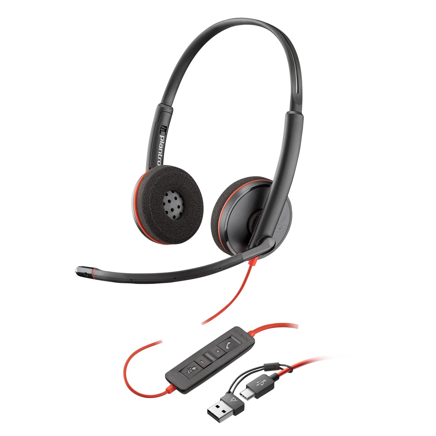 Poly Blackwire 3220 corded USB-C headset, noise canceling microphone, stereo design, connects to PC/Mac via USB-C or USB-A, compatible with Teams/Zoom, SoundGuard technology - 9P7X8AA