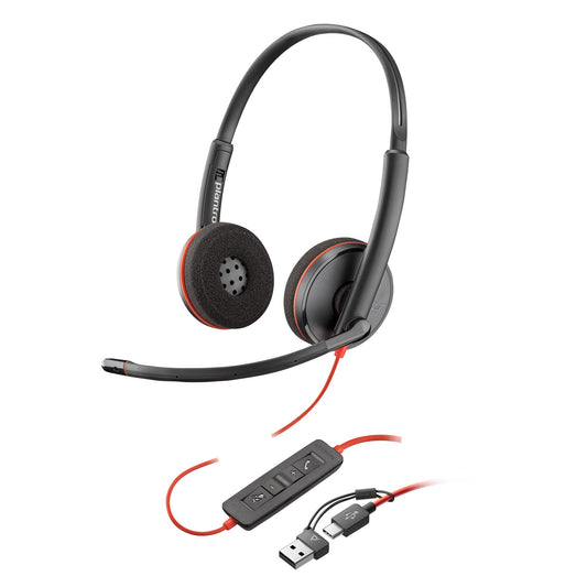 Poly Blackwire 3220 corded USB-C headset, noise canceling microphone, stereo design, connects to PC/Mac via USB-C or USB-A, compatible with Teams/Zoom, SoundGuard technology - 9P7X8AA