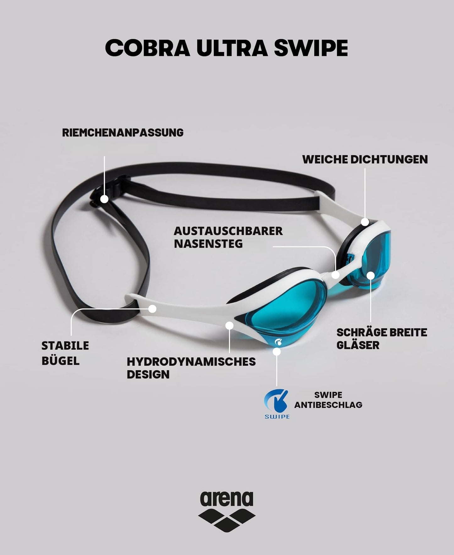 ARENA Cobra Ultra Swipe Mirror Unisex Race Swimming Goggles for Adults, Diving Goggles with Curved Mirror Lenses, Anti-Fog, UV Protection, 5 Interchangeable Nose Bridges - 002507-110-NS