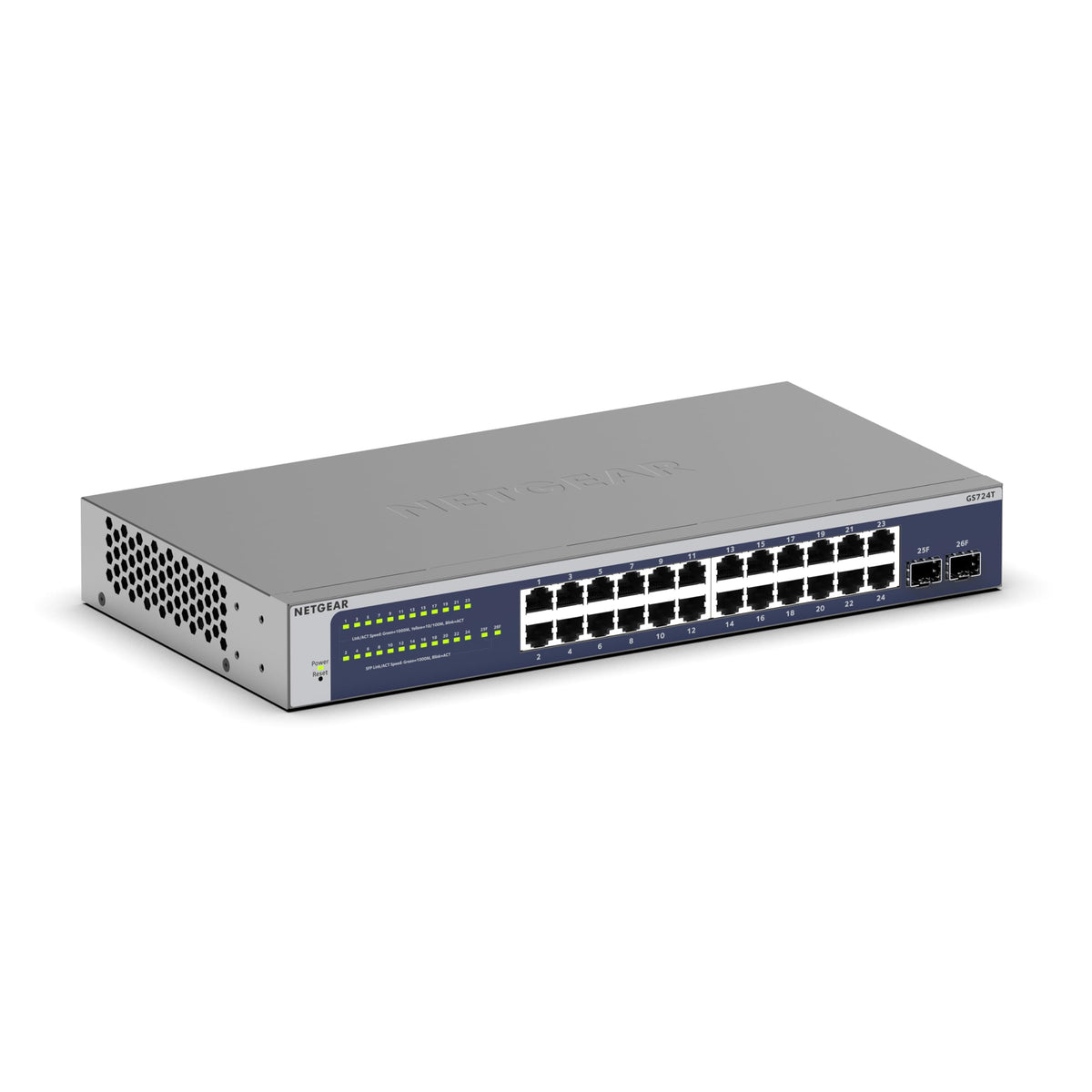 NETGEAR Switch Smart Gigabit Ethernet cu 24 porturi (GS724T) gestionat, opțional cu management cloud Insight pentru 1 an, cu 2 SFP de 1G, montabil pe birou și rack, și garanție limitată pe durata utilizării. - GS724T-600EUS