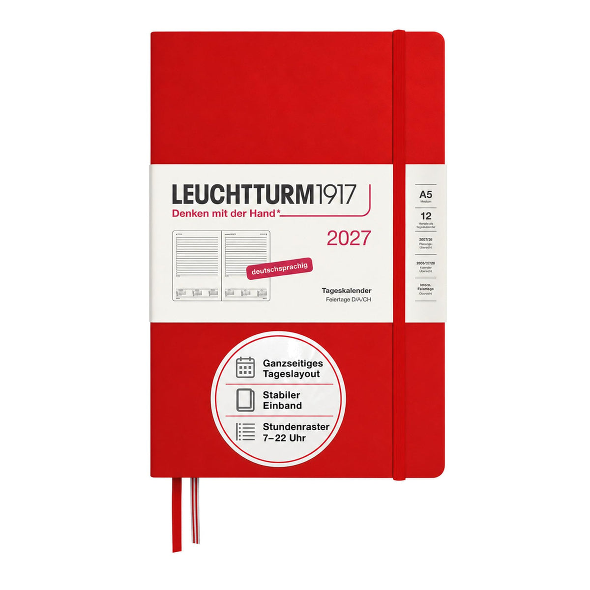 LEUCHTTURM1917 Daily Calendar 2027 Medium (A5) - German, Cherry, 145 x 210 mm, January-December (12 months), 1 page per day, hourly grid 7:00-22:00, hardcover, 80 g/m² paper - 400159