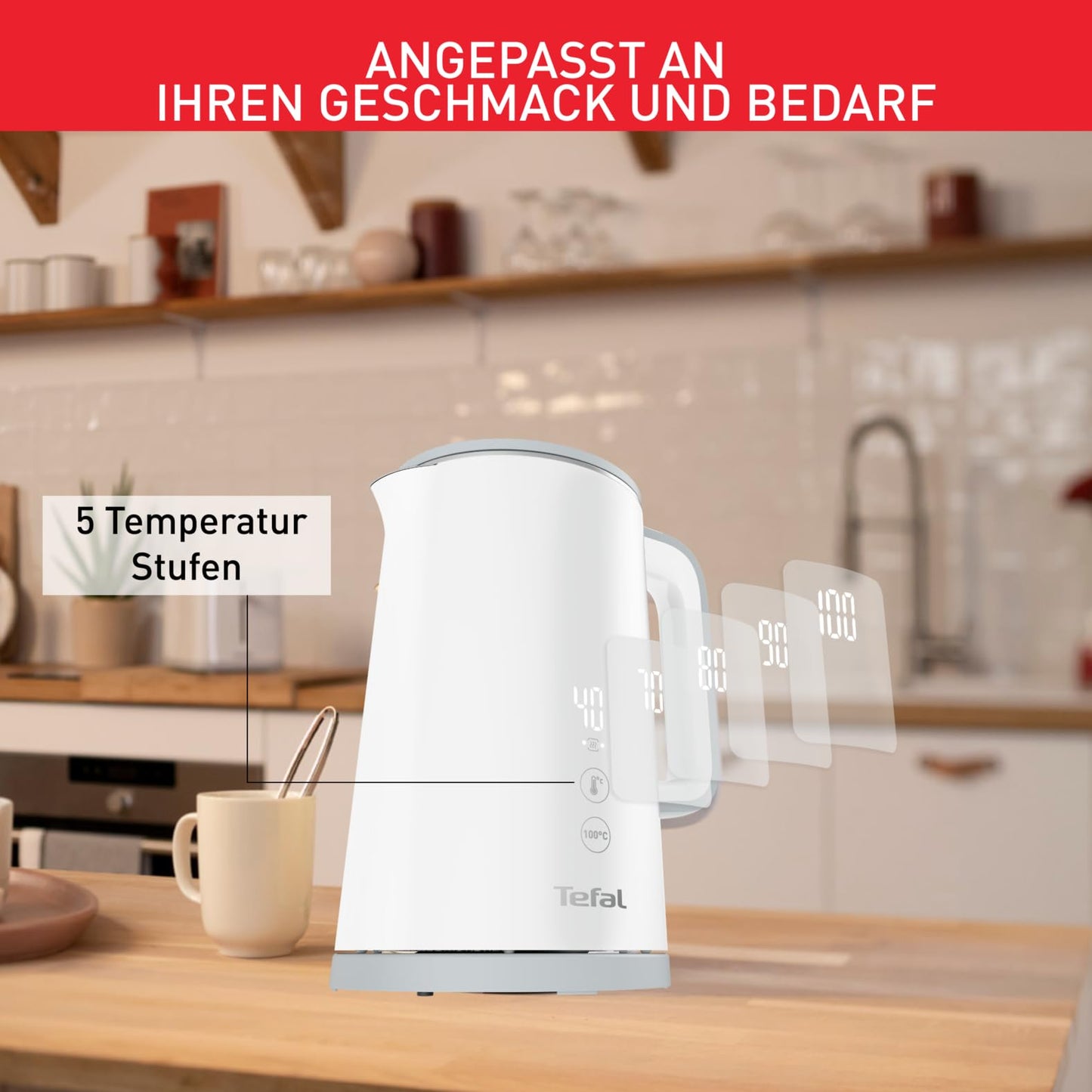 Tefal KO6931 Sense kettle, 1.5 L capacity, digital display, 5 temperature levels, 360° base, water level indicator, removable limescale filter, 30 minute warming function, 1800W, white