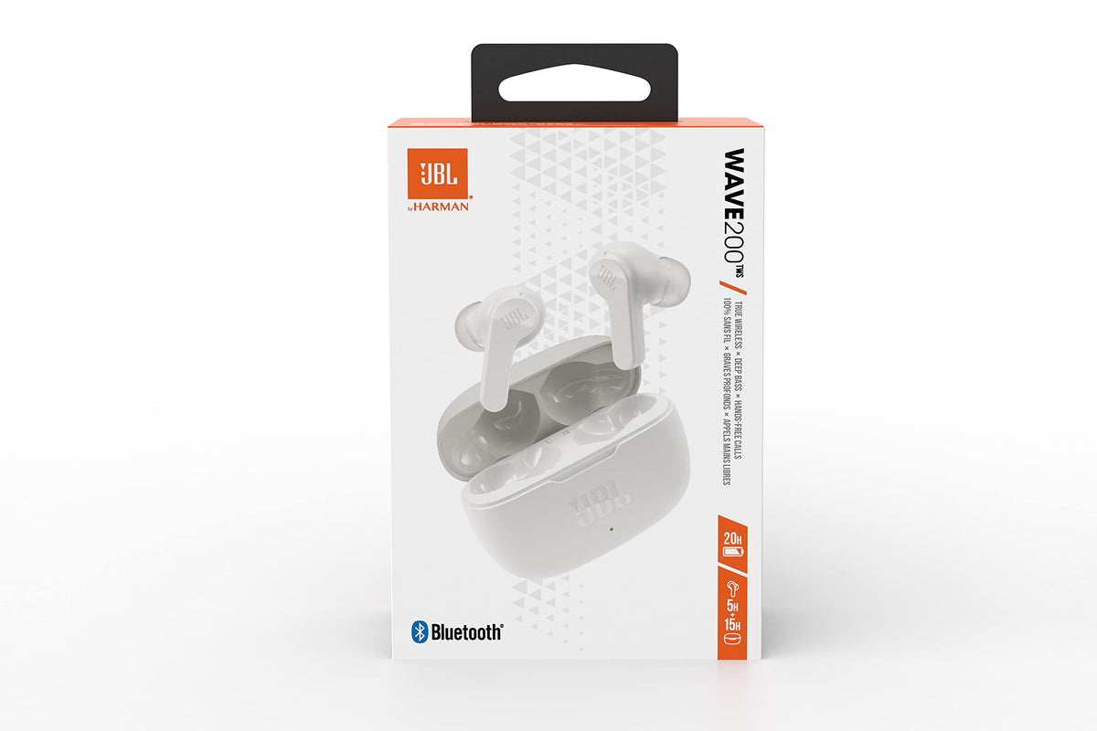 JBL Wave 200 TWS True-Wireless In-Ear Bluetooth Earbuds - White – Wireless earbuds with built-in microphone – Music streaming for up to 20 hours – Includes charging case - JBLW200TWSWHT
