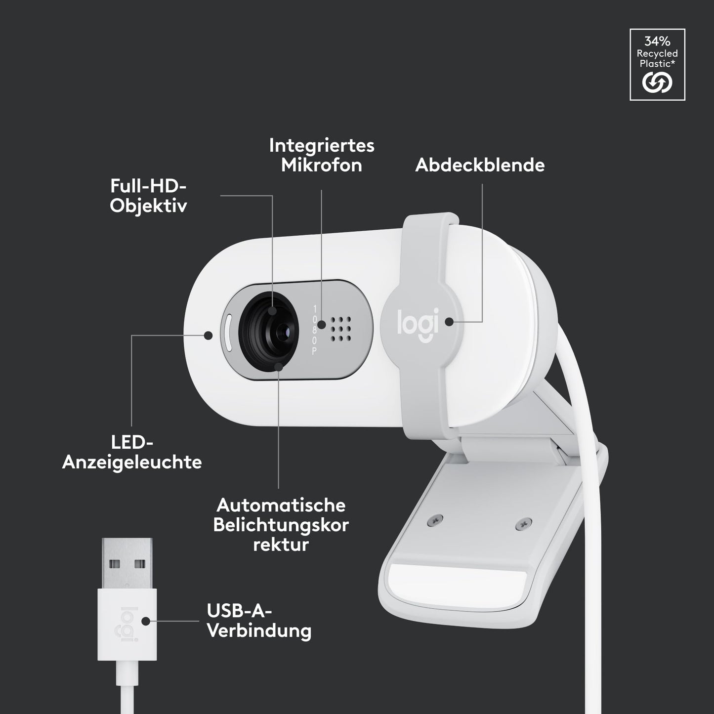 Logitech Brio 100 Full HD Webcam for Meetings and Streaming, Auto Light Balancing, Built-in Microphone, Cover Panel, USB-A, for Microsoft Teams, Google Meet, Zoom and More - White - 960-001617