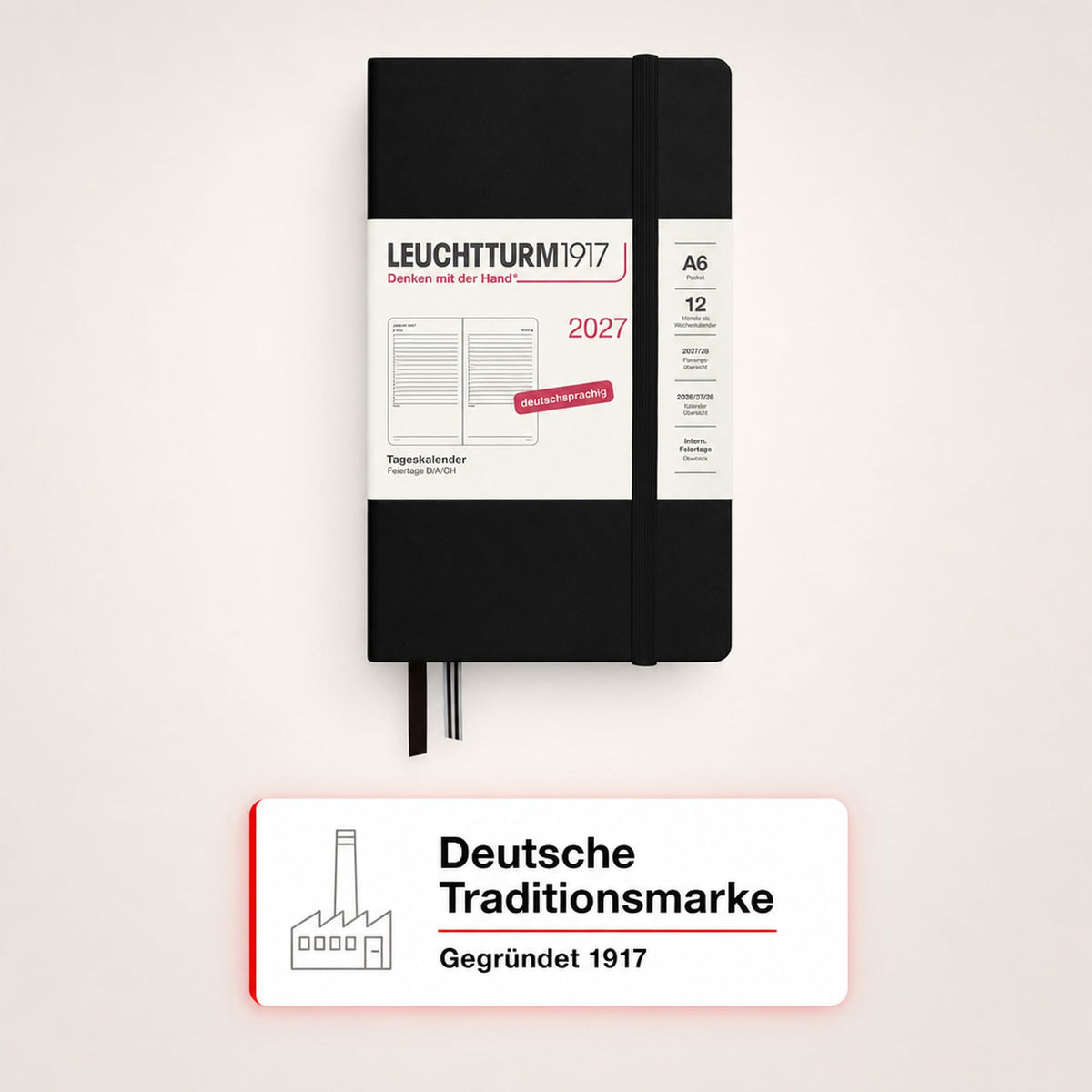 LEUCHTTURM1917 Daily Calendar 2027 Pocket (A6) - German, black, 90 x 150 mm, January-December (12 months), 1 page per day, hourly grid 7:00-22:00, hardcover, 80 g/m² paper - 400164
