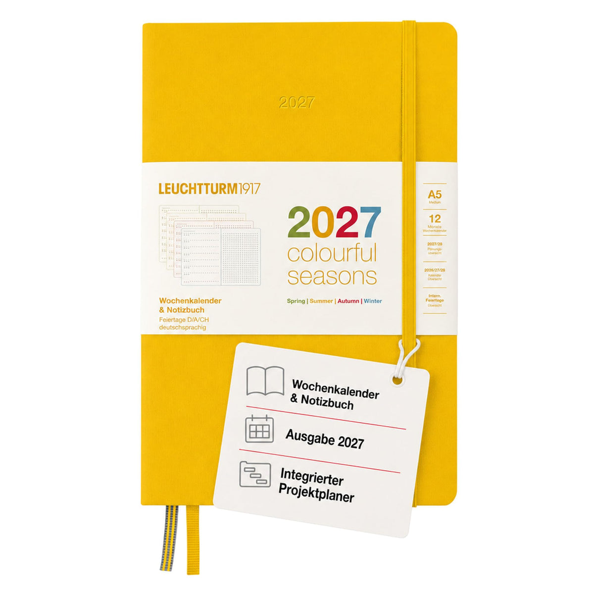 LEUCHTTURM1917 Weekly Calendar & Notebook Dotted Medium (A5) 2027, Colorful SeasonsYellow, German, Hardcover, Calendar Overview 2026/2027/2028, Planning Overview 01.27-12.28, Project Planner, Folding Pocket - 400199